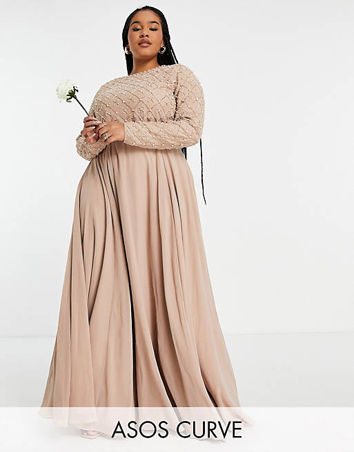ASOS DESIGN Curve Bridesmaid maxi dress with long sleeve in pearl and beaded embellishment with tulle skirt