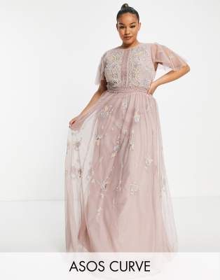 Asos Design Curve Bridesmaid Pearl Embellished Flutter Sleeve Maxi Dress With Floral Embroidery In R In Pink