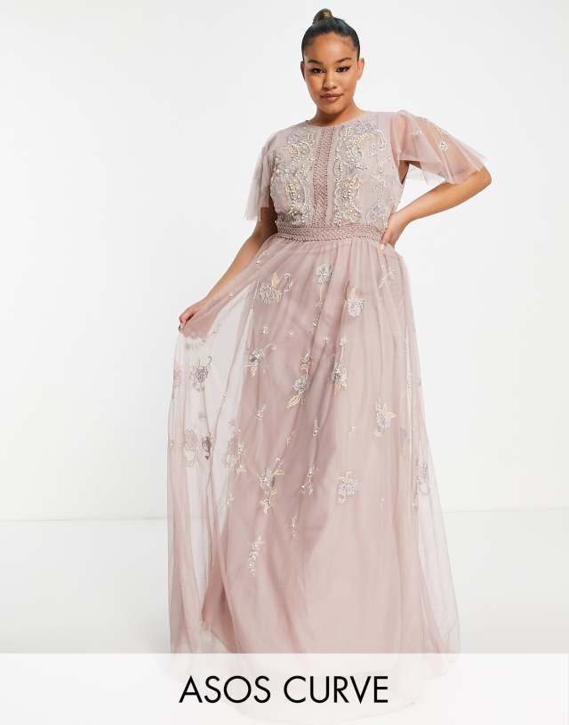 ASOS Curve - ASOS DESIGN Curve Bridesmaid pearl embellished flutter sleeve maxi dress with floral embroidery in rose