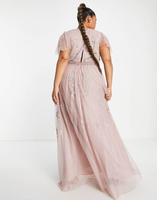 ASOS DESIGN Curve Bridesmaid pearl embellished flutter sleeve maxi