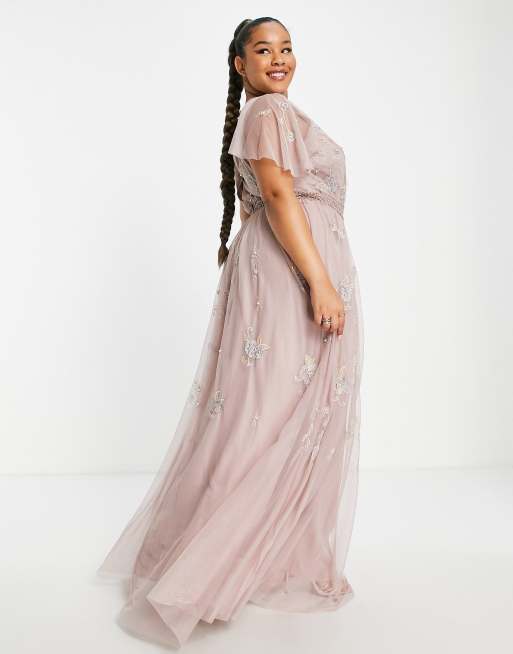 ASOS DESIGN Curve Bridesmaid pearl embellished flutter sleeve maxi dress  with floral embroidery in rose