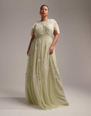 ASOS DESIGN Curve Bridesmaid pearl embellished flutter sleeve maxi dress with floral embroidery in sage-Green