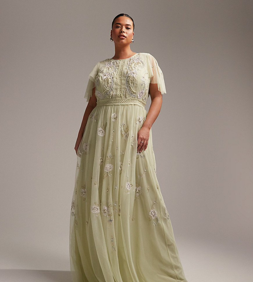 ASOS DESIGN Curve Bridesmaid pearl embellished flutter sleeve maxi dress with floral embroidery in sage-Green