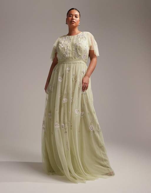 ASOS DESIGN Curve Bridesmaid pearl embellished flutter sleeve maxi dress with floral embroidery in sage