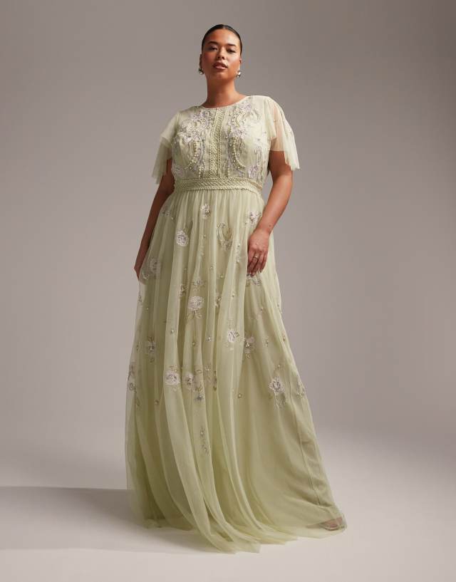 ASOS DESIGN Curve Bridesmaid pearl embellished flutter sleeve maxi dress with floral embroidery in sage