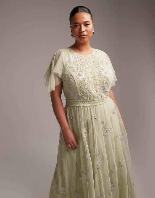 ASOS DESIGN Curve Bridesmaid pearl embellished flutter sleeve maxi dress with floral embroidery in sage ASOS