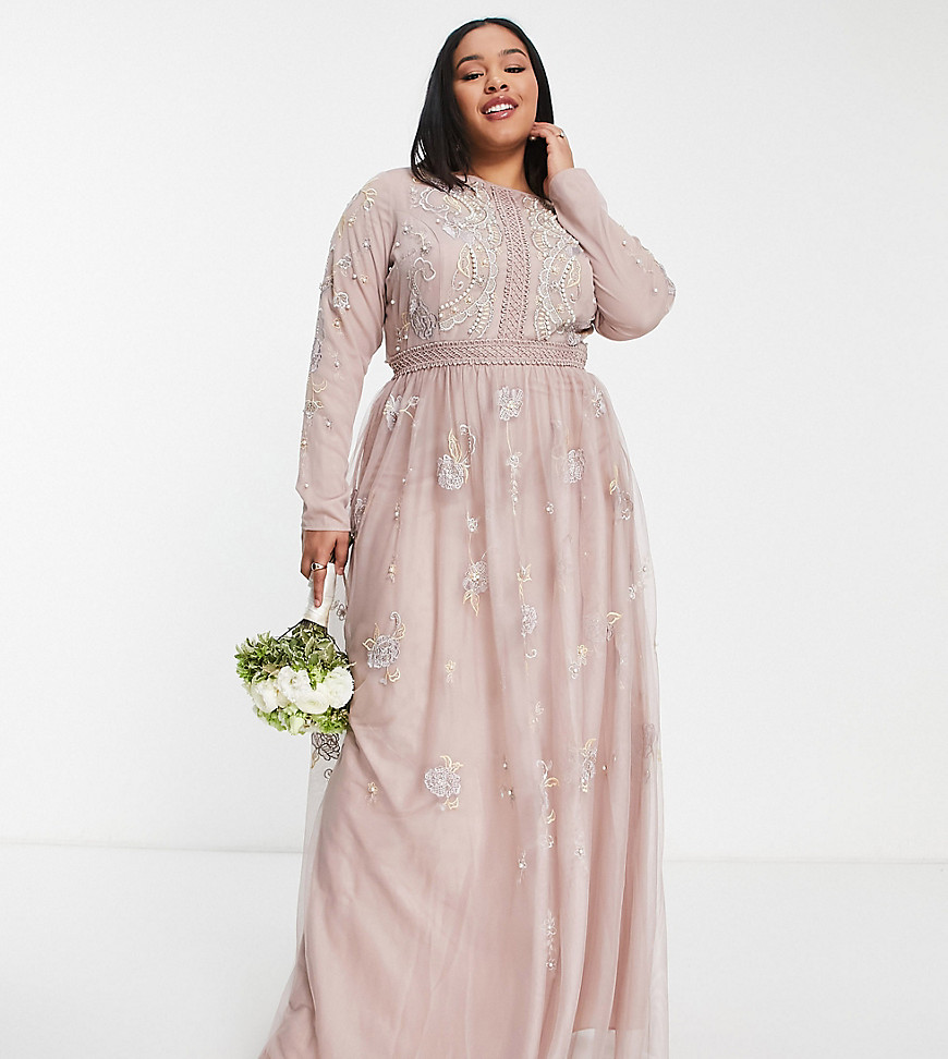 Asos Design Curve Bridesmaid Pearl Embellished Long Sleeve Maxi Dress With Floral Embroidery In Rose-Pink