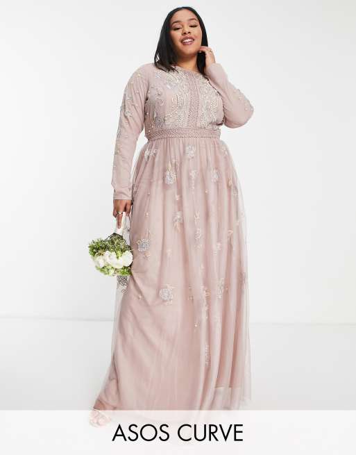 ASOS DESIGN Curve Bridesmaid pearl embellished long sleeve maxi dress with floral embroidery in rose