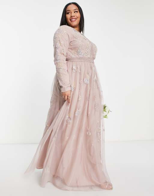 ASOS DESIGN Curve Bridesmaid pearl embellished long sleeve maxi dress with  floral embroidery in rose