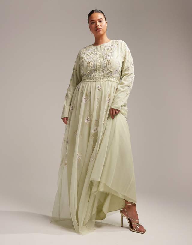 ASOS DESIGN Curve Bridesmaid pearl embellished long sleeve maxi dress with floral embroidery in sage