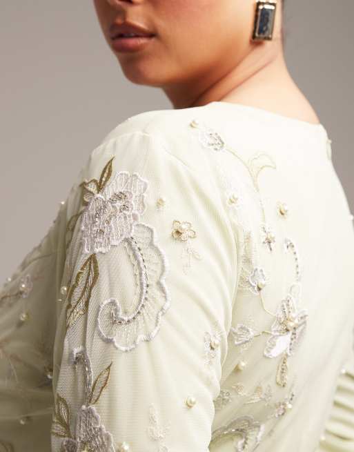 ASOS DESIGN Curve Bridesmaid pearl embellished long sleeve maxi dress with  floral embroidery in sage