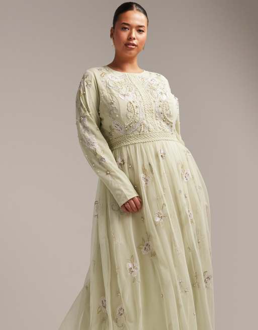 ASOS DESIGN Curve Bridesmaid pearl embellished long sleeve maxi dress with  floral embroidery in sage