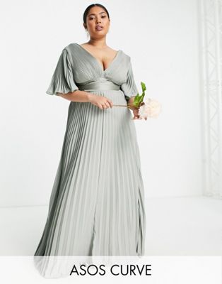 ASOS DESIGN Curve Bridesmaid pleated flutter sleeve maxi dress with satin wrap waist in olive - ASOS Price Checker