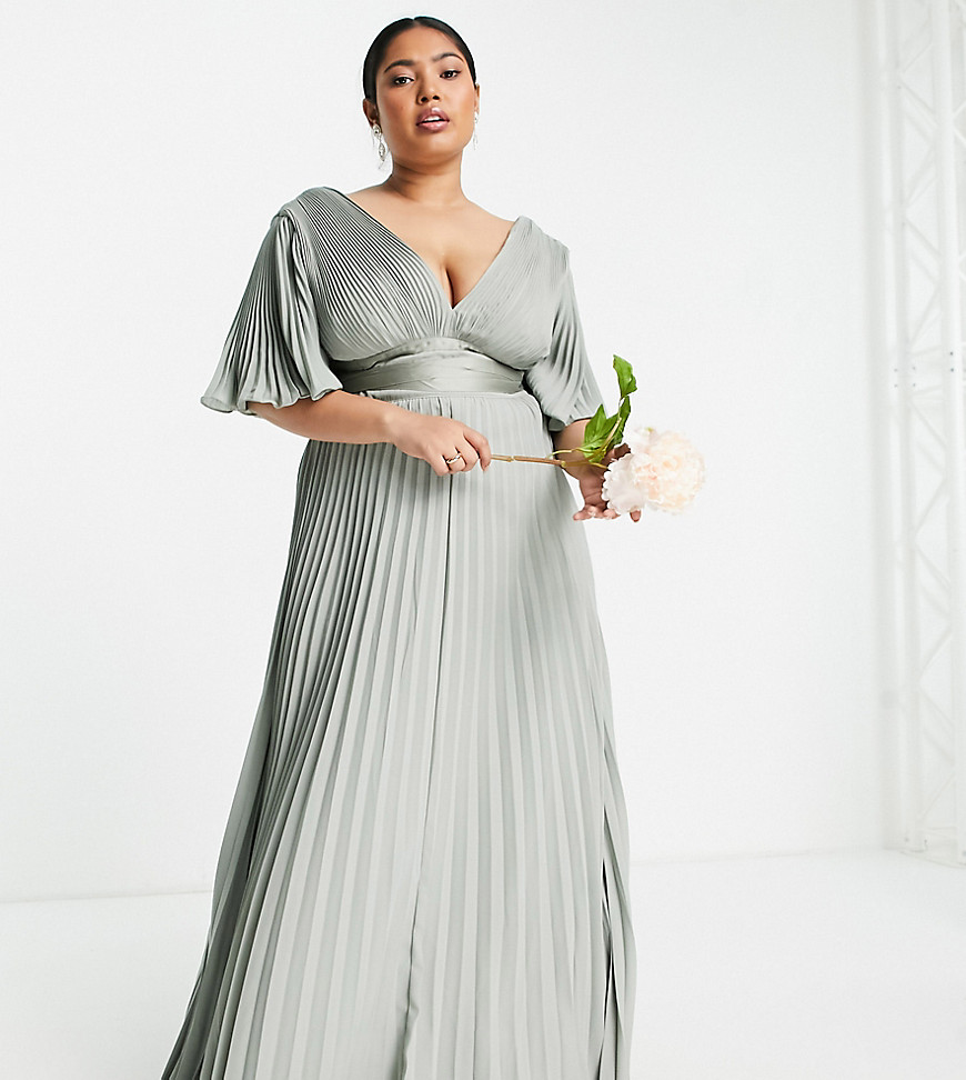 Maxi dress by ASOS DESIGN Cue the group photoshoot Plunge neck front and back Belted waist Flutter sleeves Zip fastening Regular fit