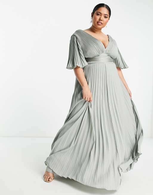 ASOS DESIGN Curve Bridesmaid pleated flutter sleeve maxi dress with satin  wrap waist in olive