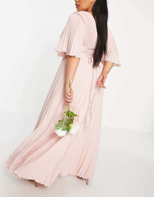 ASOS DESIGN Curve Bridesmaid pleated flutter sleeve maxi dress with satin  wrap waist