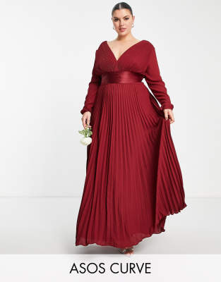 ASOS DESIGN Curve Bridesmaid pleated long sleeve maxi dress with satin wrap  waist in burgundy | ASOS