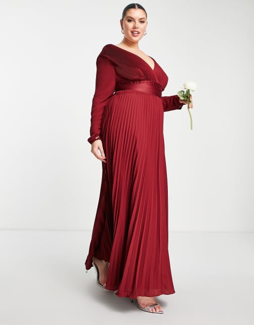 ASOS DESIGN Curve Bridesmaid pleated long sleeve maxi dress with satin wrap waist in burgundy