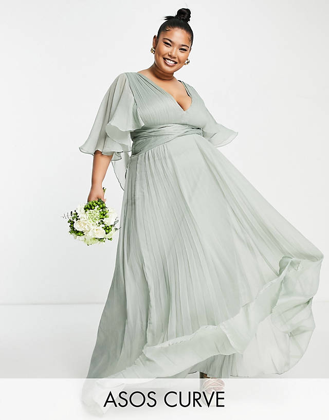 ASOS DESIGN Curve Bridesmaid ruched bodice drape maxi dress with wrap waist and flutter sleeve