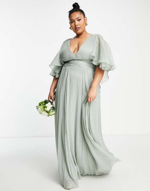 ASOS DESIGN Curve Bridesmaid ruched bodice drape maxi dress with wrap waist  and flutter sleeve