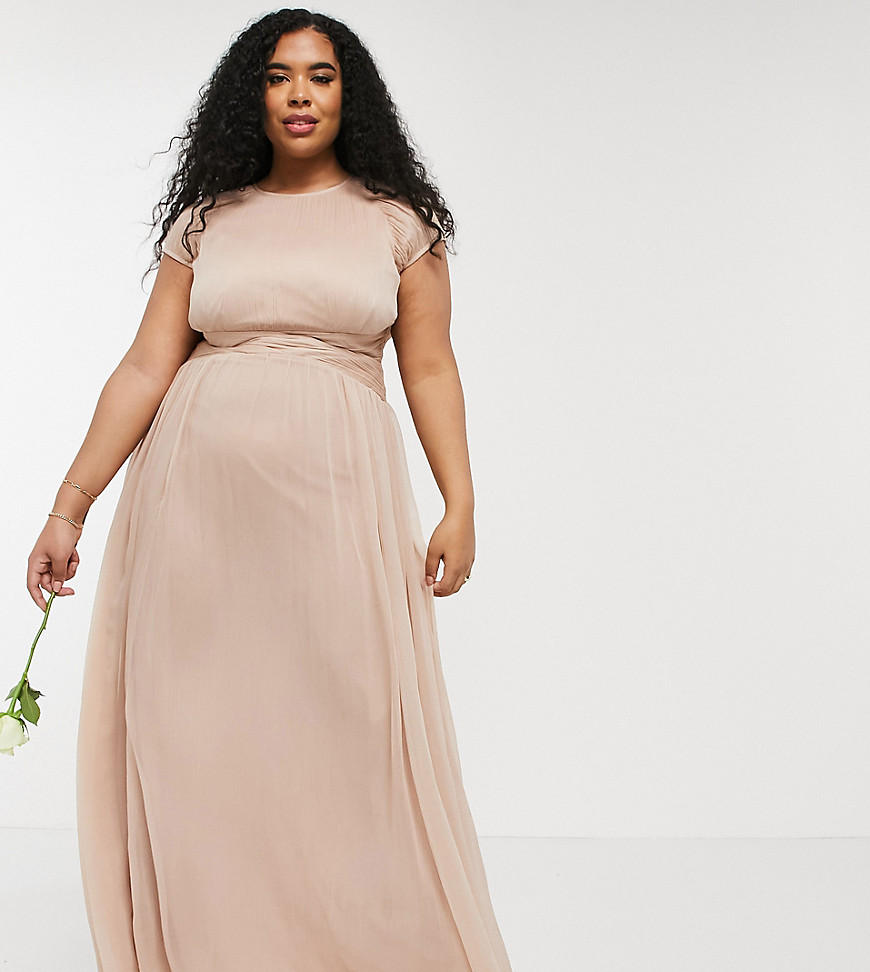 ASOS DESIGN Curve Bridesmaid ruched bodice maxi dress with cap sleeve detail-Pink