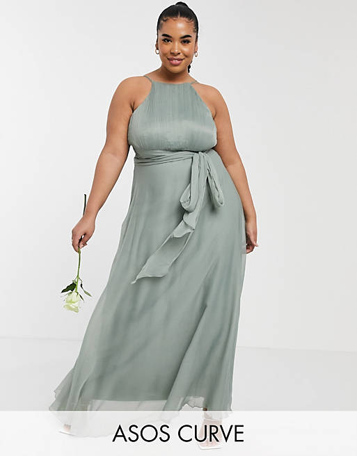 ASOS DESIGN Curve Bridesmaid ruched pinny maxi dress with tie waist detail in olive
