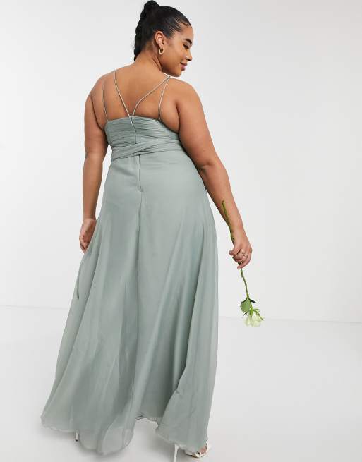 ASOS DESIGN Curve Bridesmaid ruched pinny maxi dress with tie waist detail in Olive