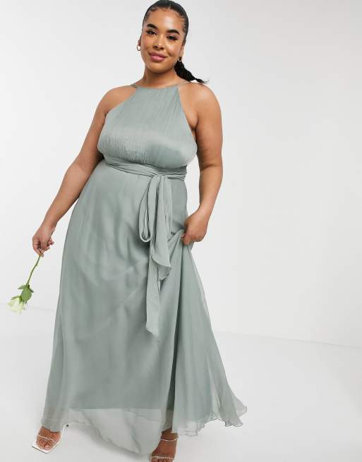 ASOS DESIGN Curve Bridesmaid ruched pinny maxi dress with tie waist detail in Olive