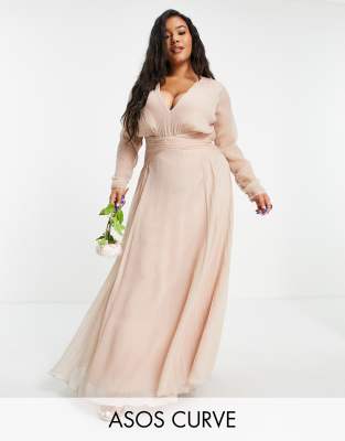 ASOS Tall ASOS DESIGN Tall Bridesmaid ruched waist maxi dress with long  sleeves and pleat skirt in Mauve - ShopStyle