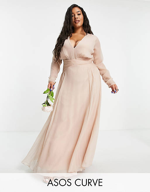 Dresses Curve Bridesmaid ruched waist maxi dress with long sleeves and pleat skirt in blush 