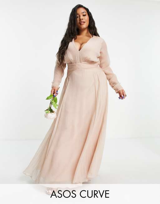 ASOS DESIGN Curve Bridesmaid ruched waist maxi dress with long sleeves ...