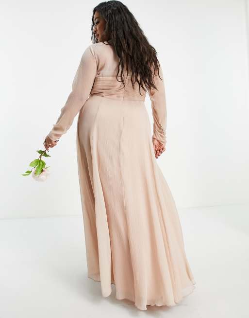 ASOS DESIGN Curve Bridesmaid ruched waist maxi dress with long sleeves and  pleat skirt in blush