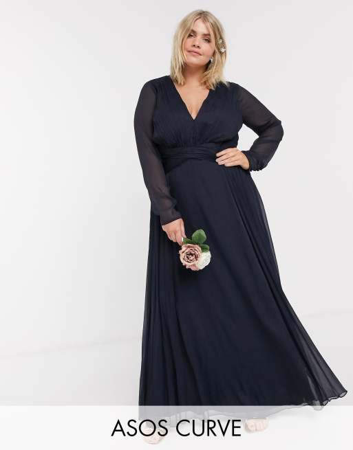 ASOS DESIGN Curve Bridesmaid ruched waist maxi dress with long sleeves ...