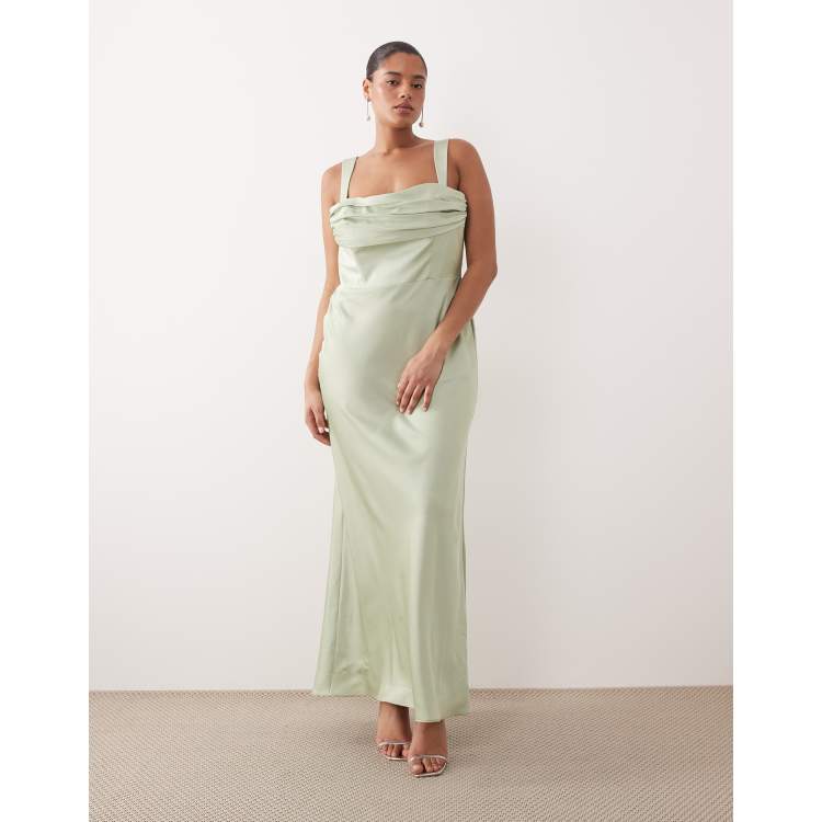 asos bridesmaid dresses sale ASOS DESIGN Curve Bridesmaid satin draped bust maxi dress with column skirt  in sage green