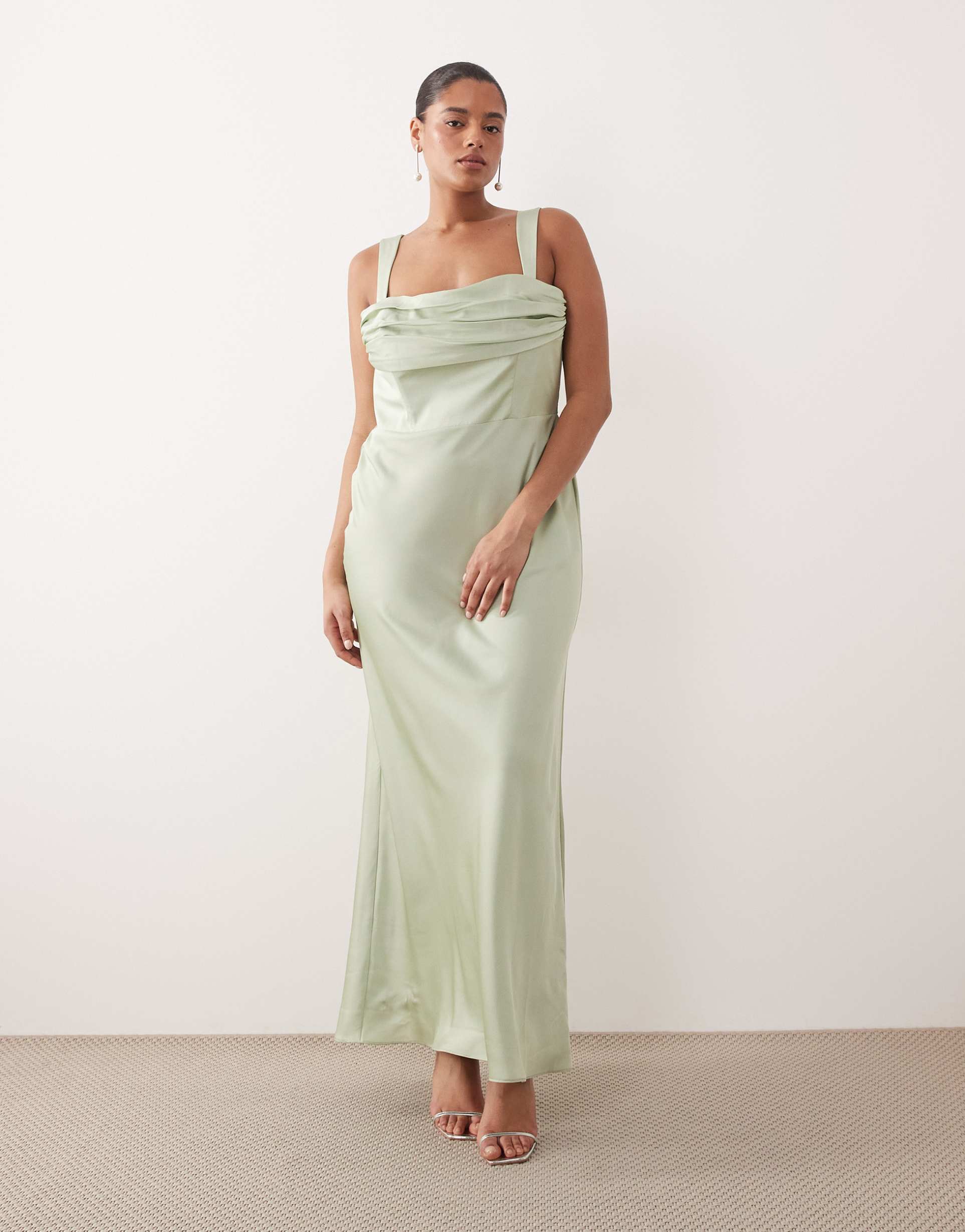 asos design curve bridesmaid satin draped bust maxi dress with column skirt in sage green