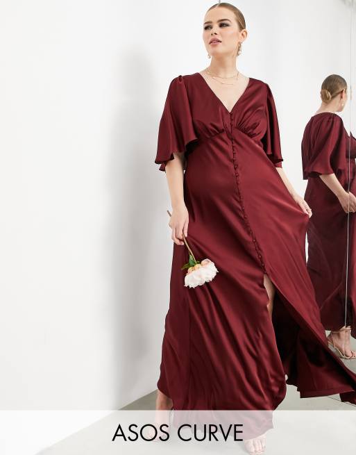 ASOS DESIGN Curve Bridesmaid satin flutter sleeve maxi dress with button front in wine BURGUNDY BURGUNDY ASOS