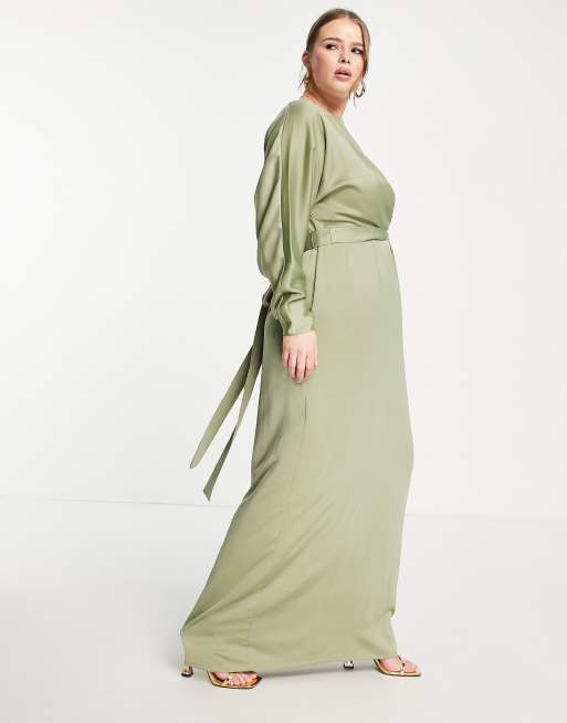 ASOS DESIGN Curve Bridesmaid satin maxi dress with batwing sleeve and wrap waist in sage