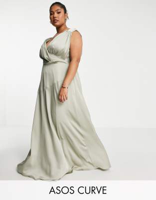 ASOS DESIGN Curve Bridesmaid satin maxi dress with wrap bodice in sage  green | ASOS