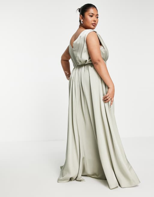 ASOS DESIGN Curve Bridesmaid satin maxi dress with wrap bodice in sage green