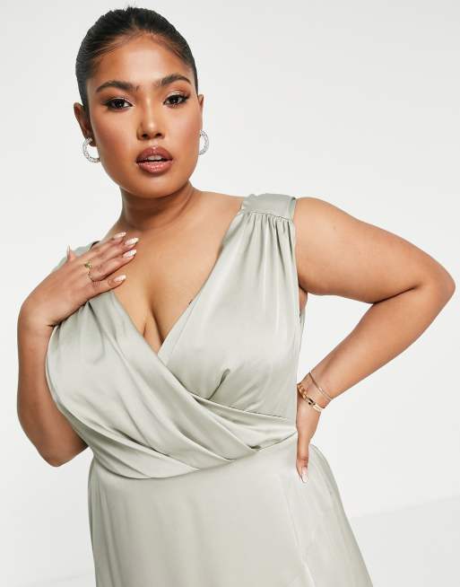 ASOS DESIGN Curve Bridesmaid satin maxi dress with wrap bodice in sage green