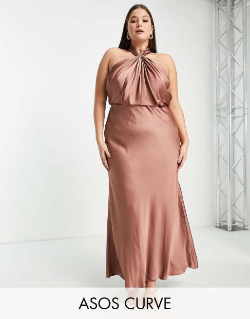 ASOS DESIGN Bridesmaid satin ruched halter neck maxi dress in wine