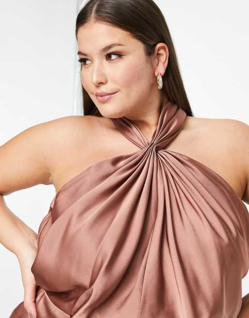 ASOS DESIGN Curve Bridesmaid satin ruched halter neck maxi dress in cinnamon rose, 2 of 4