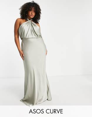 ASOS DESIGN Curve Bridesmaid satin ruched halter neck maxi dress in sage  green