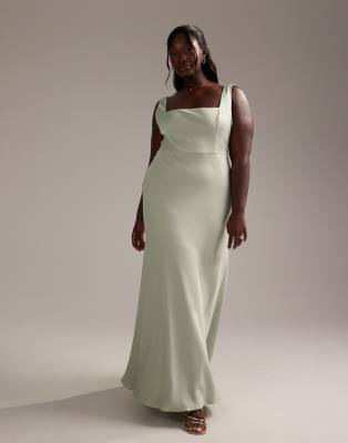 ASOS DESIGN Curve Bridesmaid satin square neck maxi dress in light green