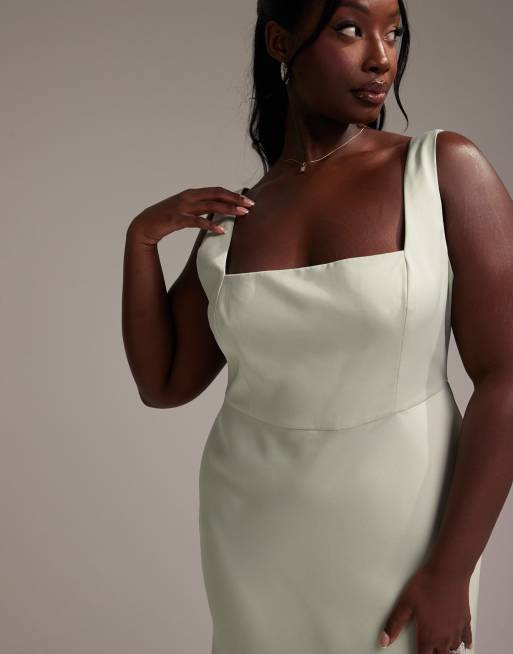 ASOS DESIGN Curve Bridesmaid satin square neck maxi dress in light green