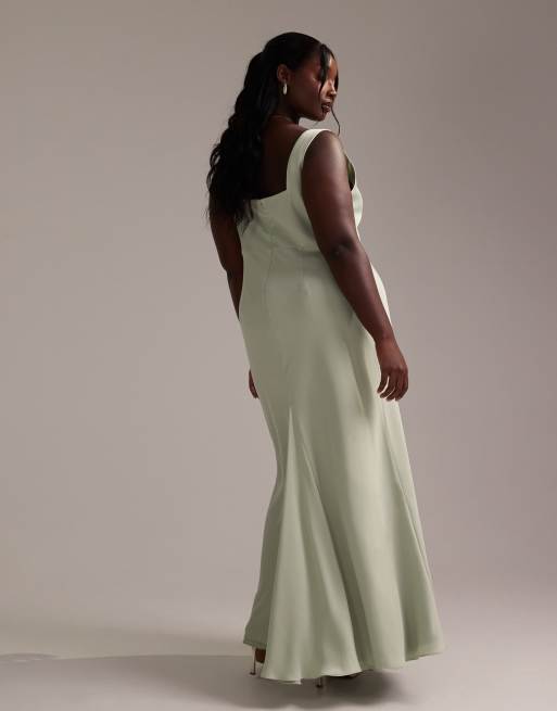 ASOS DESIGN Curve Bridesmaid satin square neck maxi dress in light green