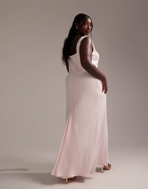 ASOS DESIGN Curve Bridesmaid satin square neck maxi dress in soft pink