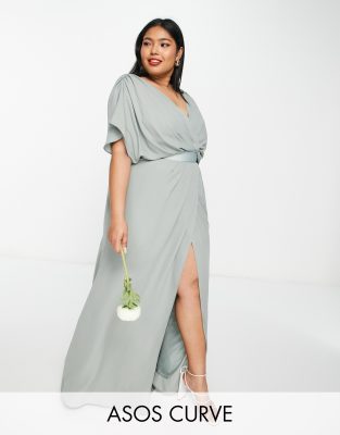 Asos Curve Asos Design Curve Bridesmaid Short Sleeve Cowl Front Maxi Dress With Button Back Detail-green