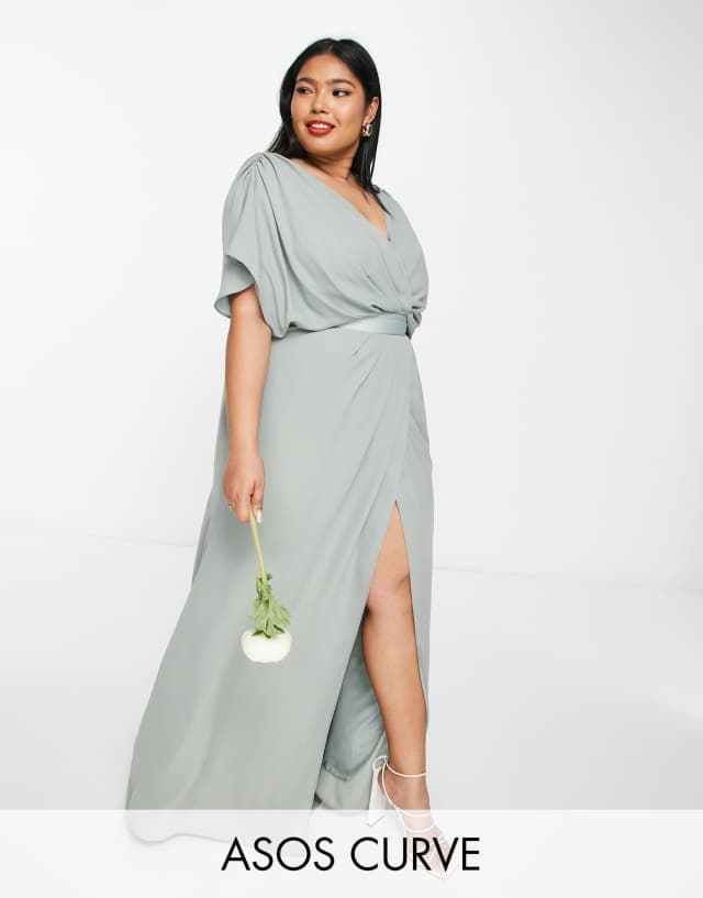 ASOS DESIGN Curve Bridesmaid short sleeve cowl front maxi dress with button back detail