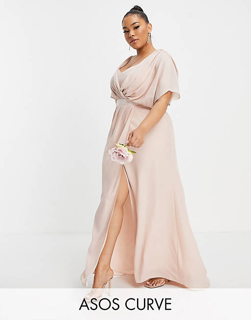 ASOS DESIGN Curve Bridesmaid short-sleeved cowl front maxi dress with button-back detail in blush